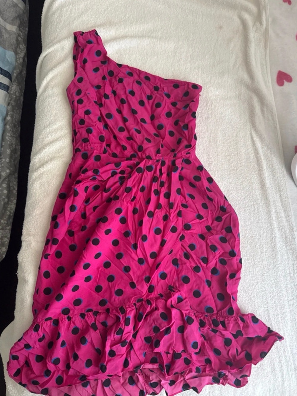 10 Crosby Derek Lam Fuchsia One-Shoulder Dress with Black Polka Dots